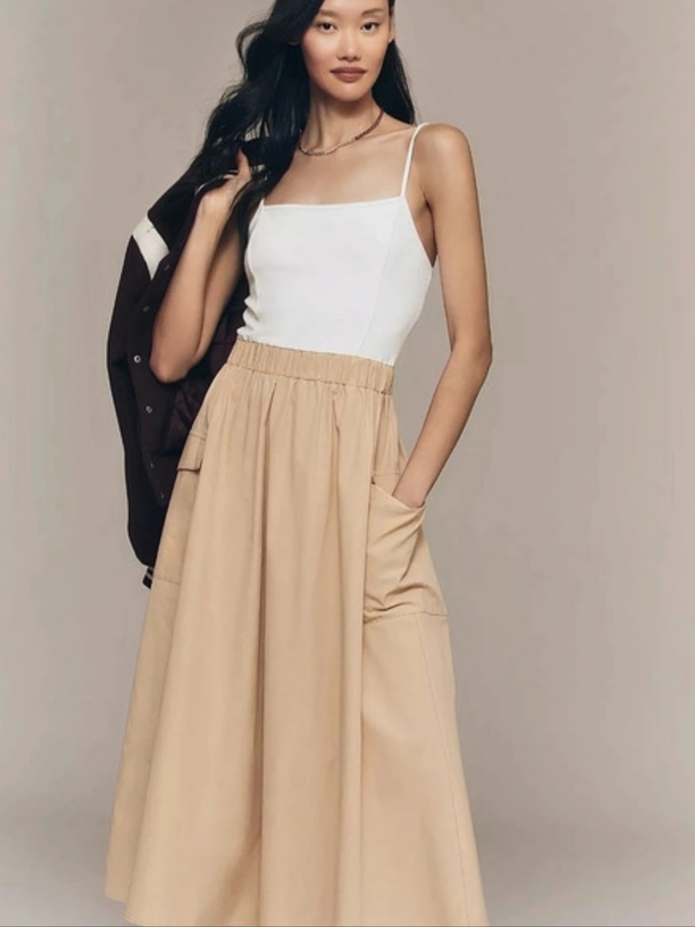 Anthropologie Utility Midi Skirt Women's Beige & White